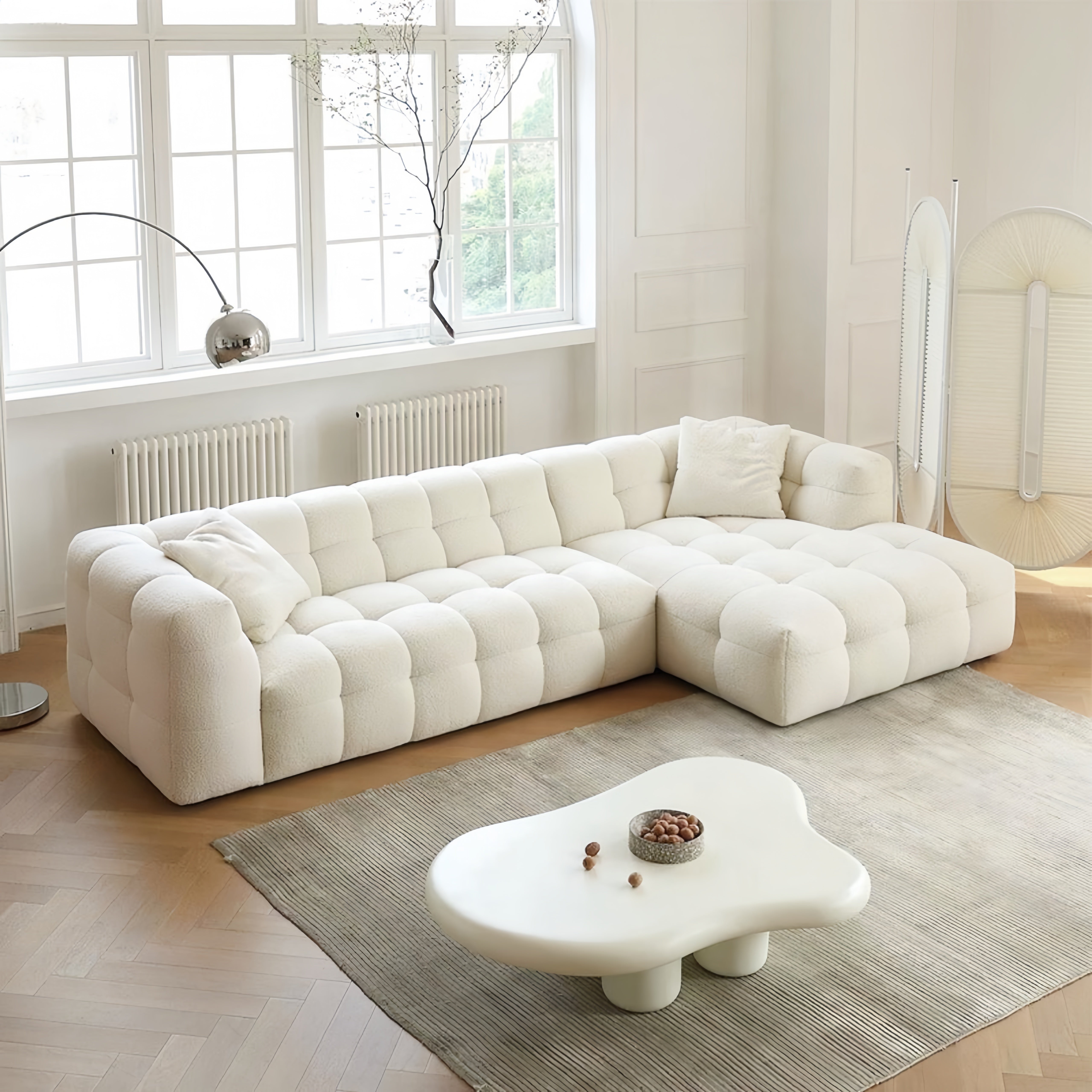 Load video: AAF Marshmallow L Shape Sofa Tufted 300cm Fleece 1-4 Seat