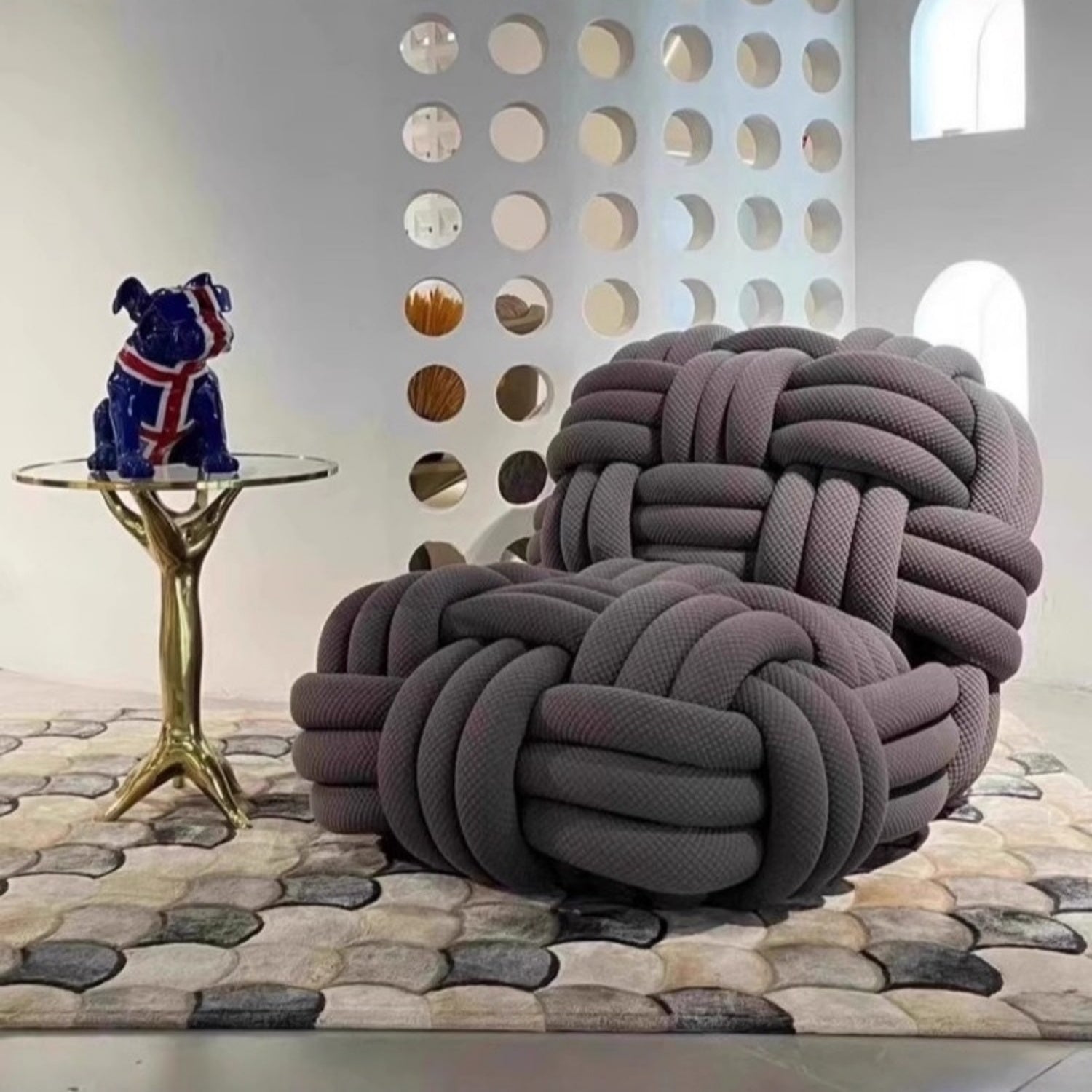 Chinese Knot Weave Lounge Chair Grey – Sculptural Comfort for Stylish Living Rooms