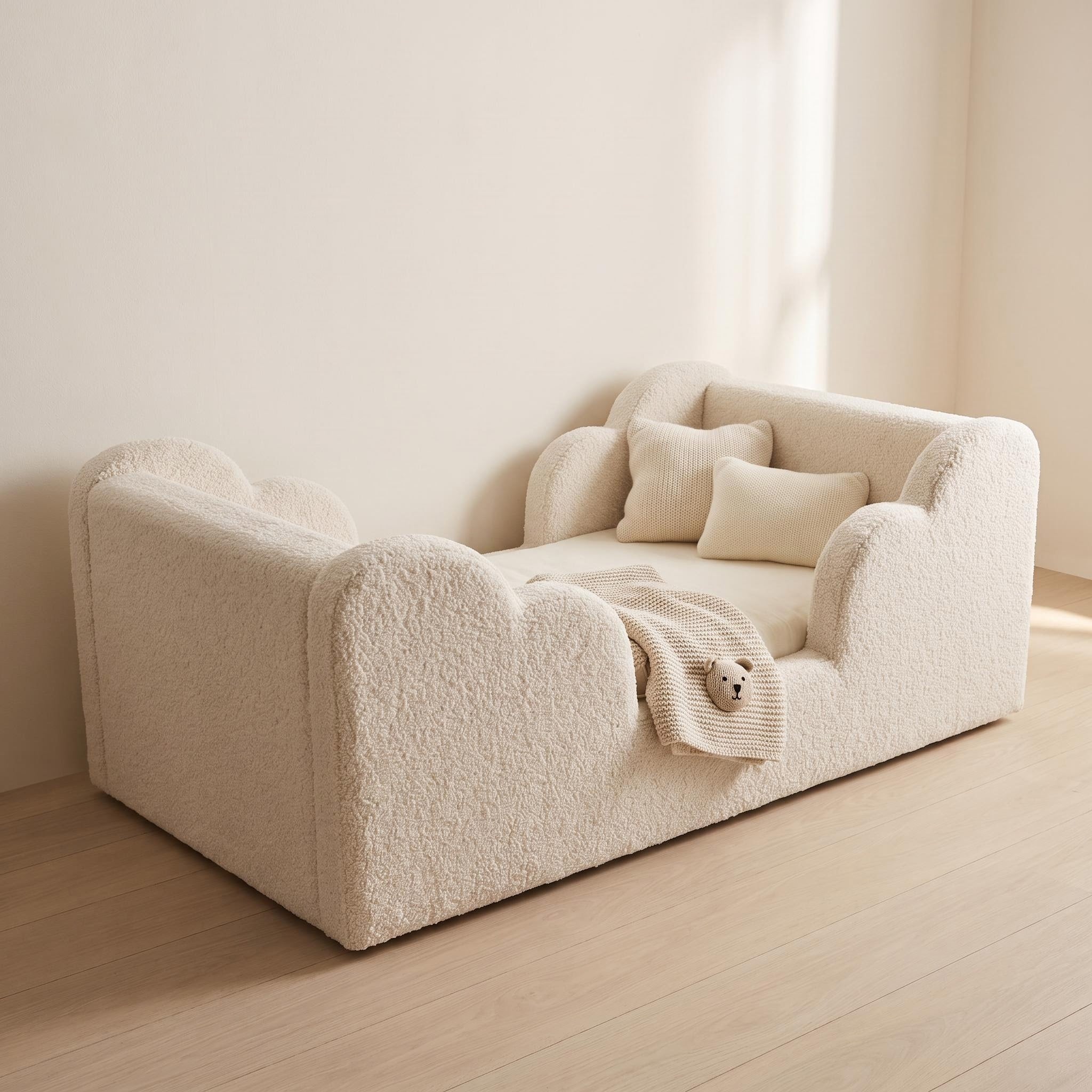 AAF Cream Teddy Fleece Enclosed Guardrail Kids Bed Frame
