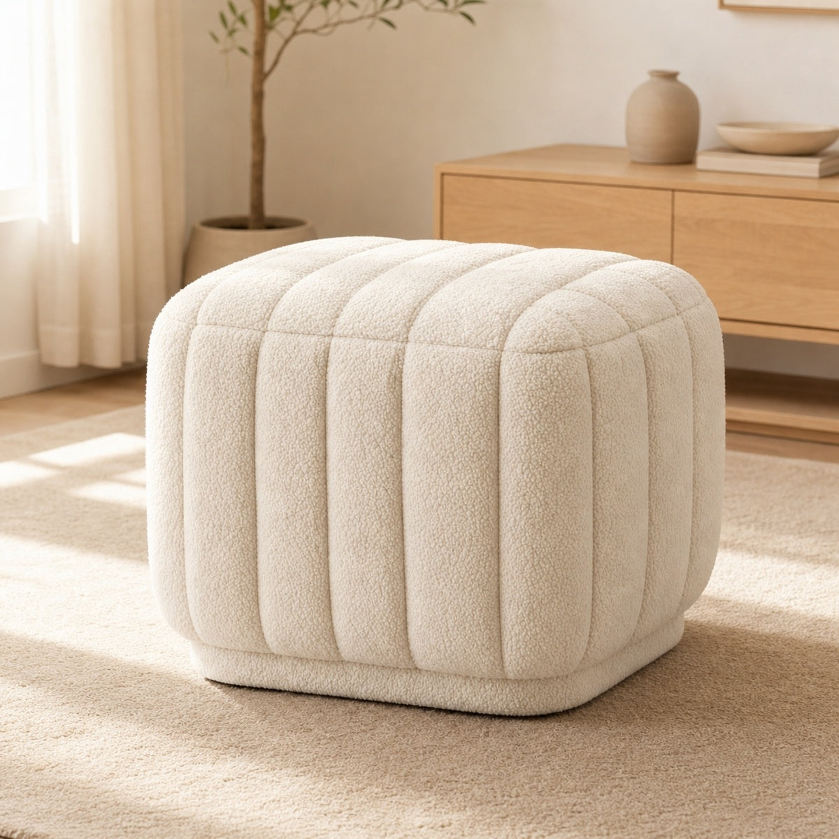 AAF Furniture Boucle Channel Tufted Square Stool for Living Room