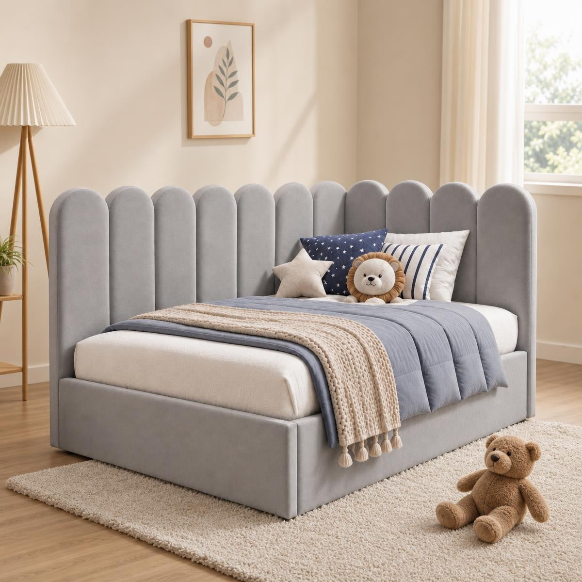 AAF Grey Teddy Fleece Scalloped Enclosure Kids Bed Frame