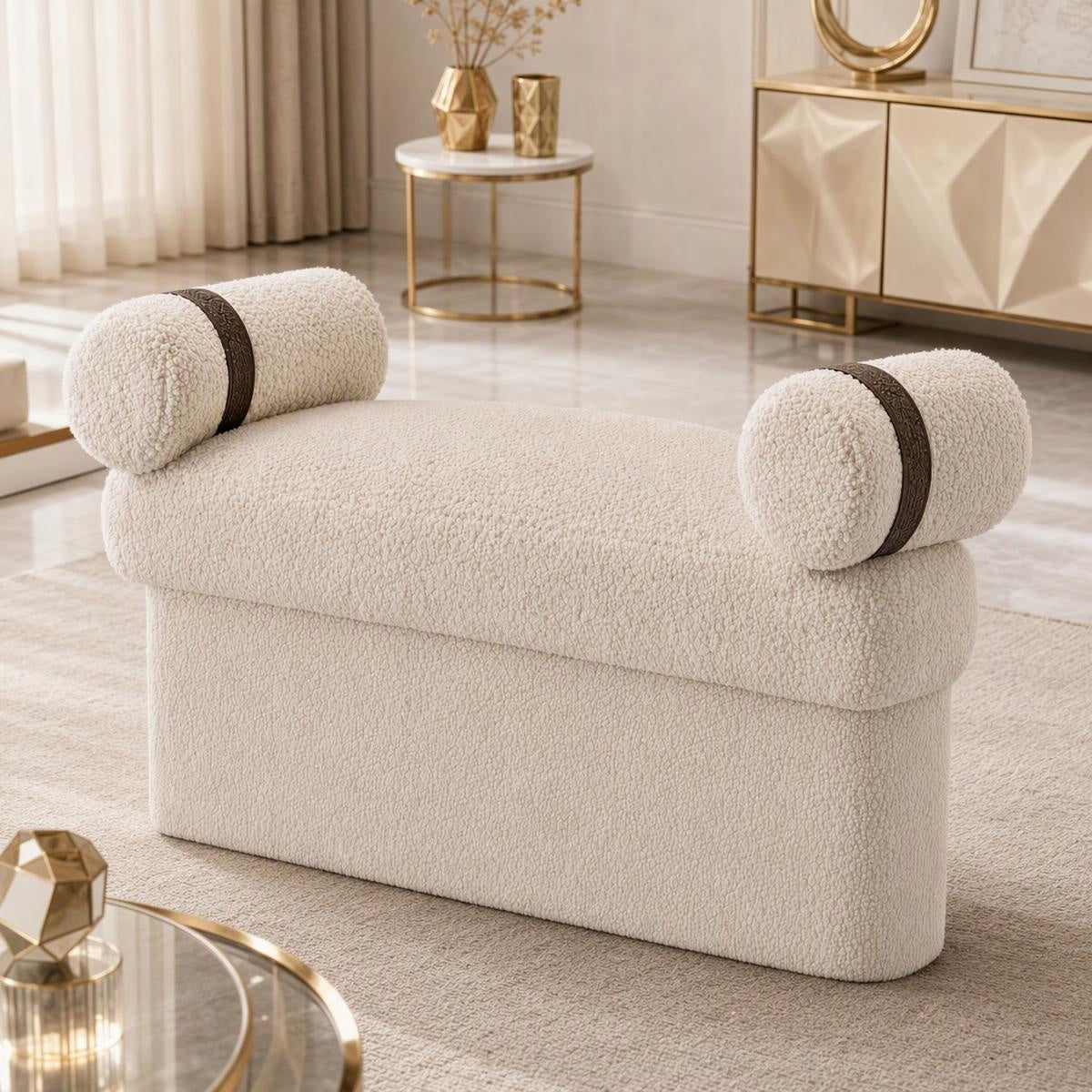 AAF Boucle Modern Bench Stool with Rolled Cushions for Living Room