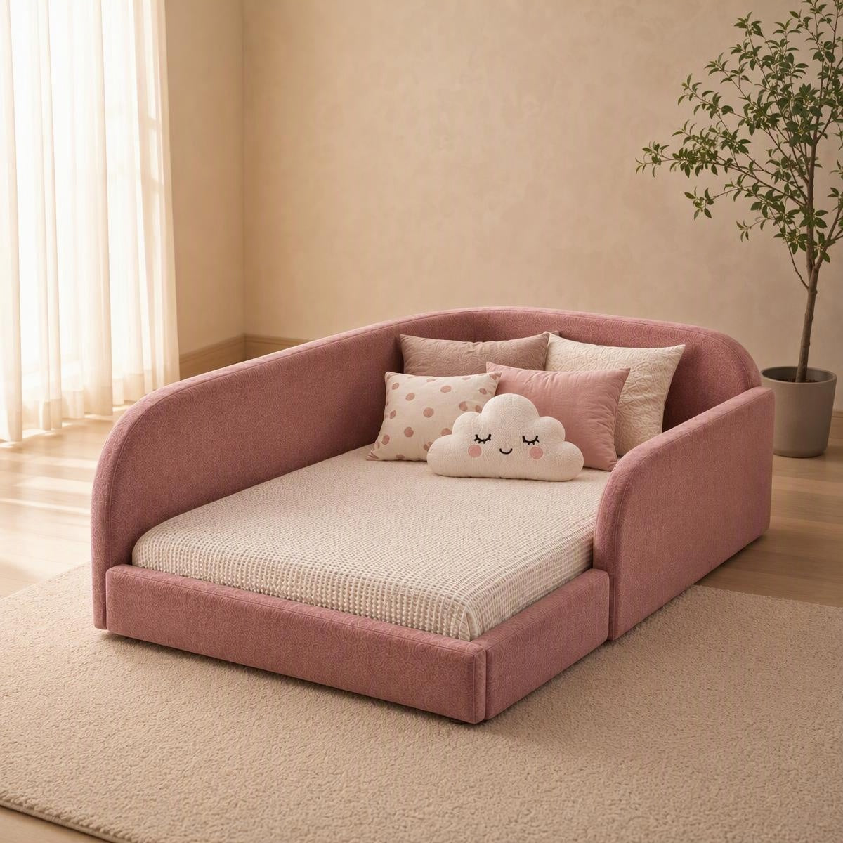 AAF Blush Teddy Fleece Enclosed Guardrail Floor Kids Bed Frame