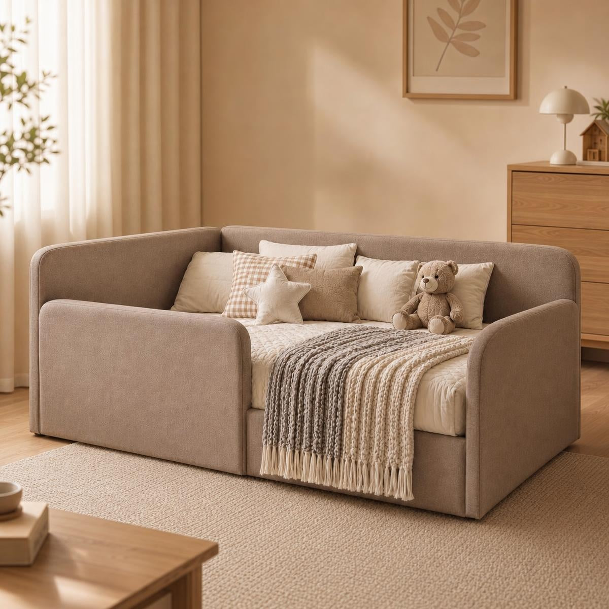 AAF Taupe Teddy Fleece Enclosed Guardrail Kids Daybed Frame