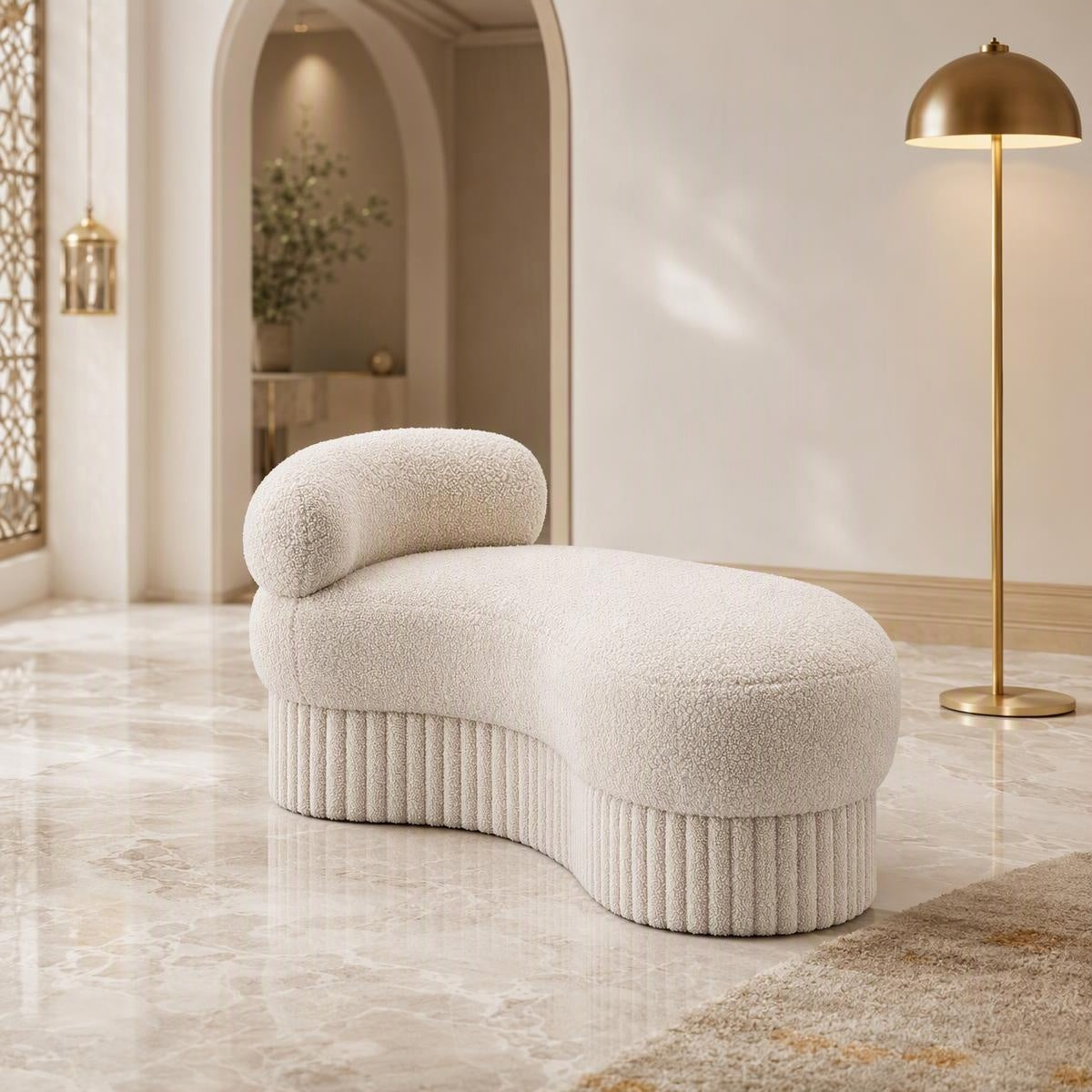 AAF Boucle Curved Chaise Bench Stool with Ribbed Base for Living Room