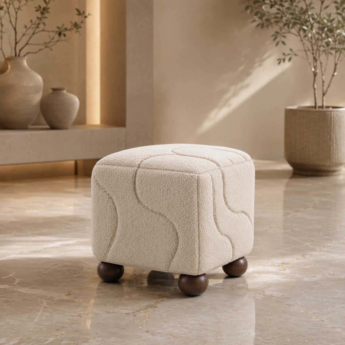 AAF Boucle Textured Cube Stool for Living Room