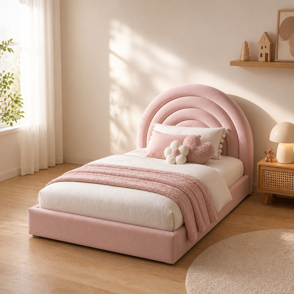 AAF Pink Velvet Rainbow Arch Headboard Kids Bed Frame