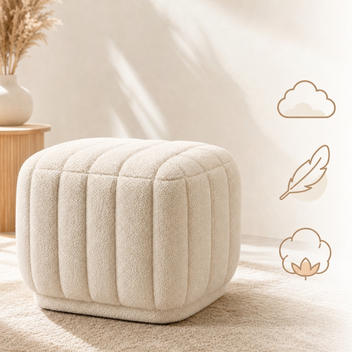 AAF Furniture Boucle Channel Tufted Square Stool for Living Room