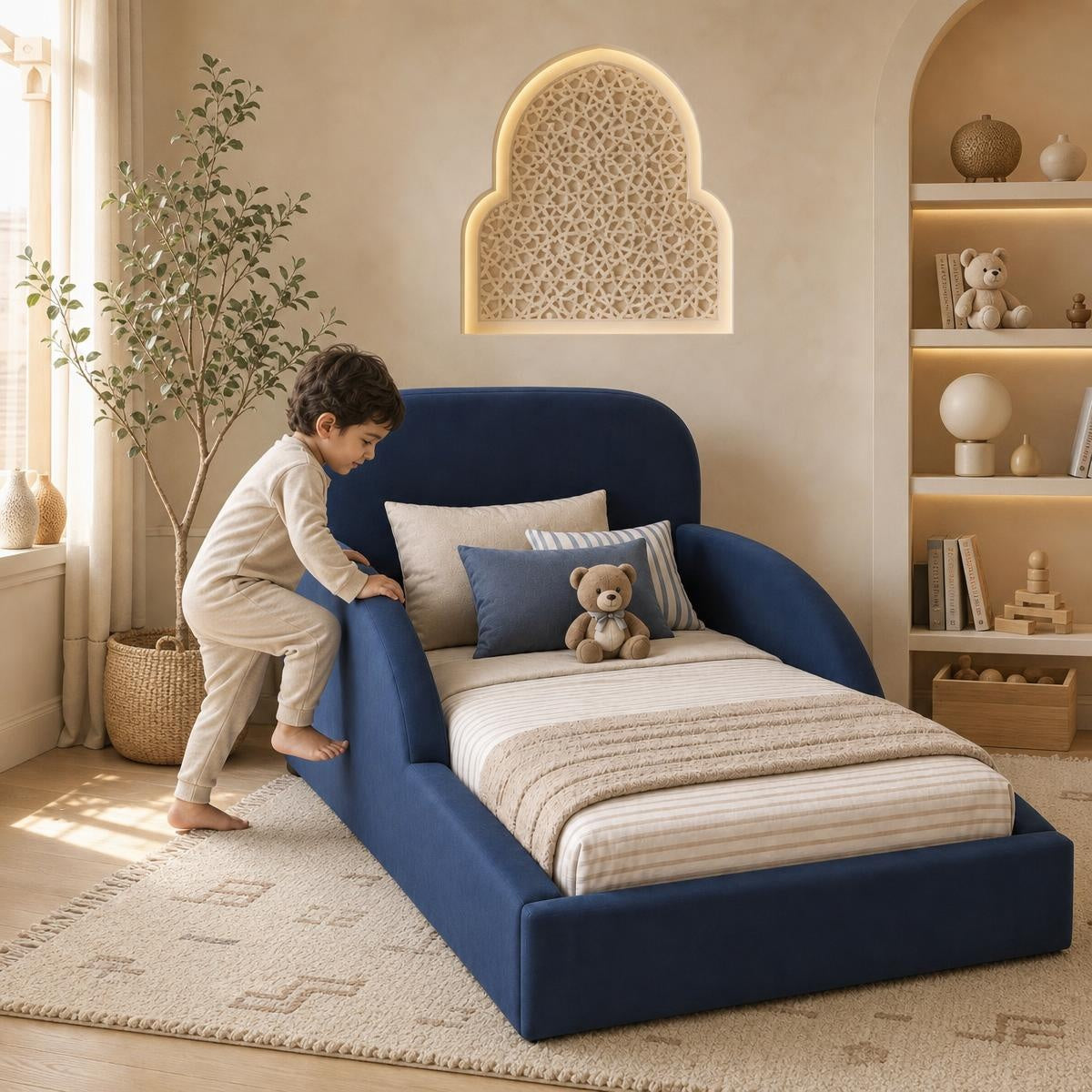 AAF Navy Blue Upholstered Sofa Kids Bed Frame with Side Rails
