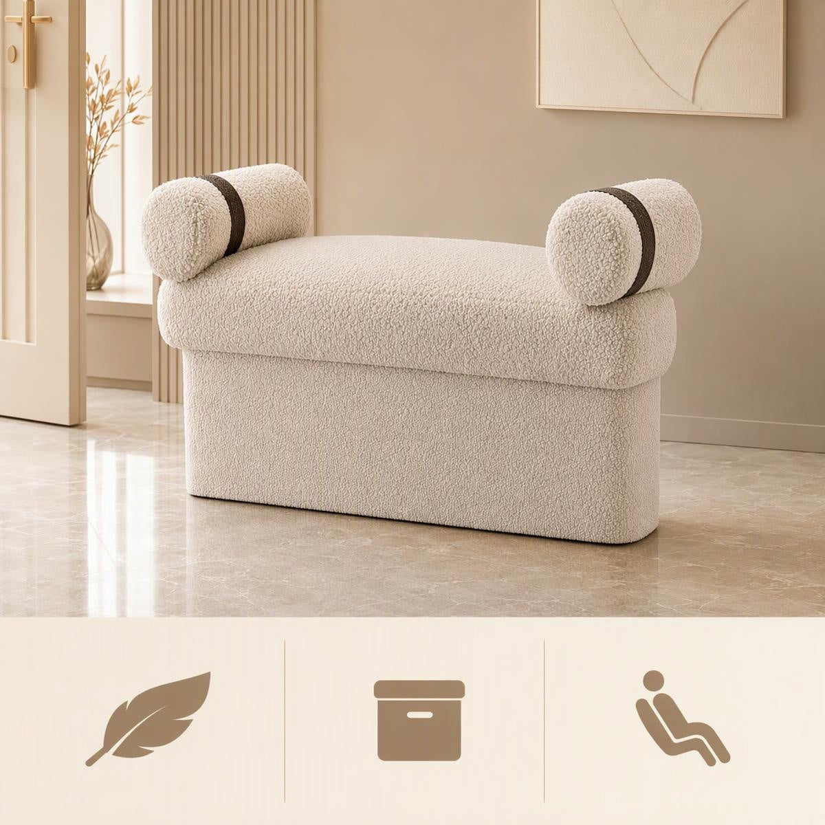 AAF Boucle Modern Bench Stool with Rolled Cushions for Living Room