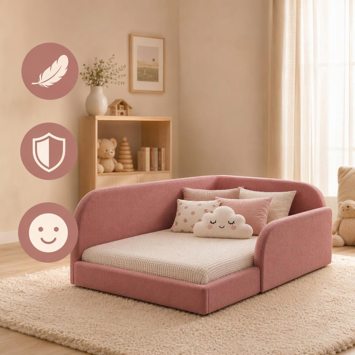 AAF Blush Teddy Fleece Enclosed Guardrail Floor Kids Bed Frame
