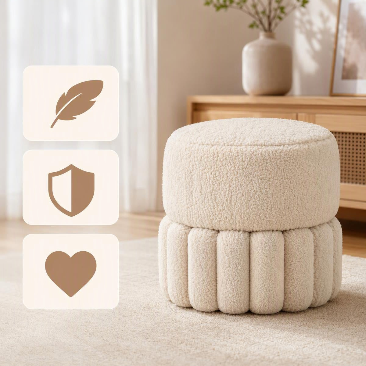 AAF Boucle Pleated Base Round Stool for Living Room