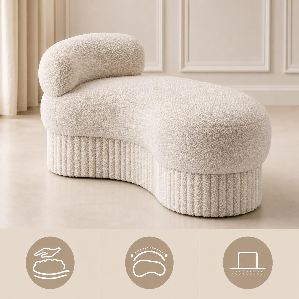 AAF Boucle Curved Chaise Bench Stool with Ribbed Base for Living Room