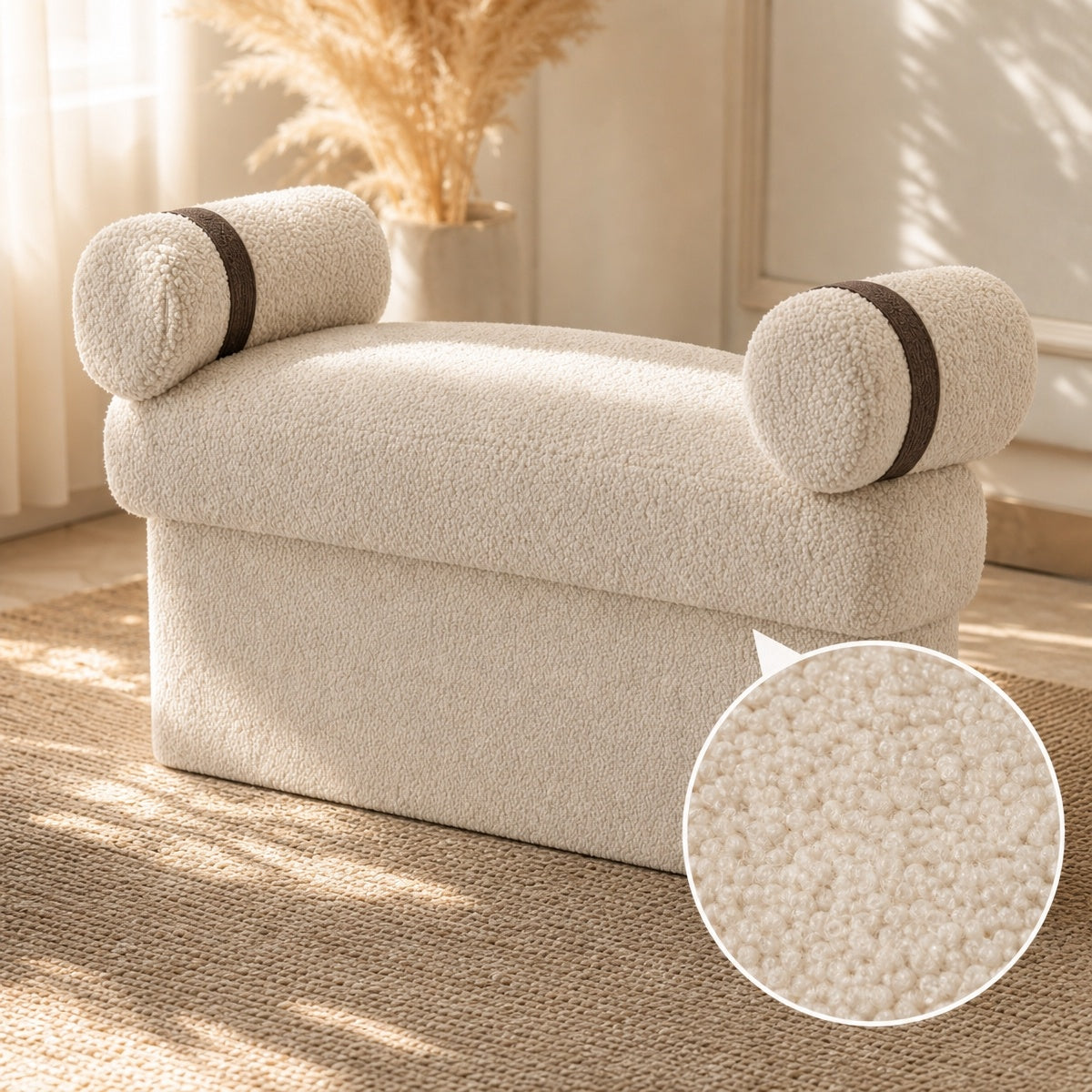 AAF Boucle Modern Bench Stool with Rolled Cushions for Living Room