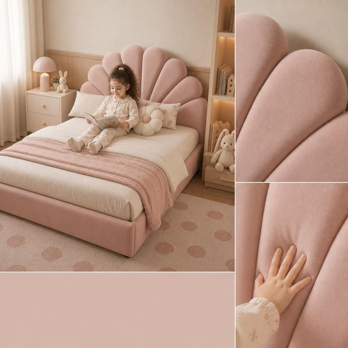 AAF Pink Velvet Shell Scallop Headboard Kids Bed Frame