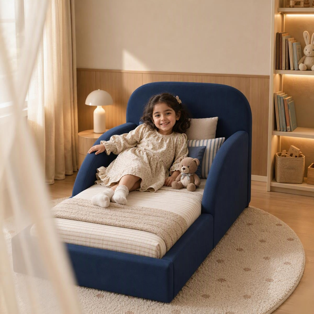 AAF Navy Blue Upholstered Sofa Kids Bed Frame with Side Rails