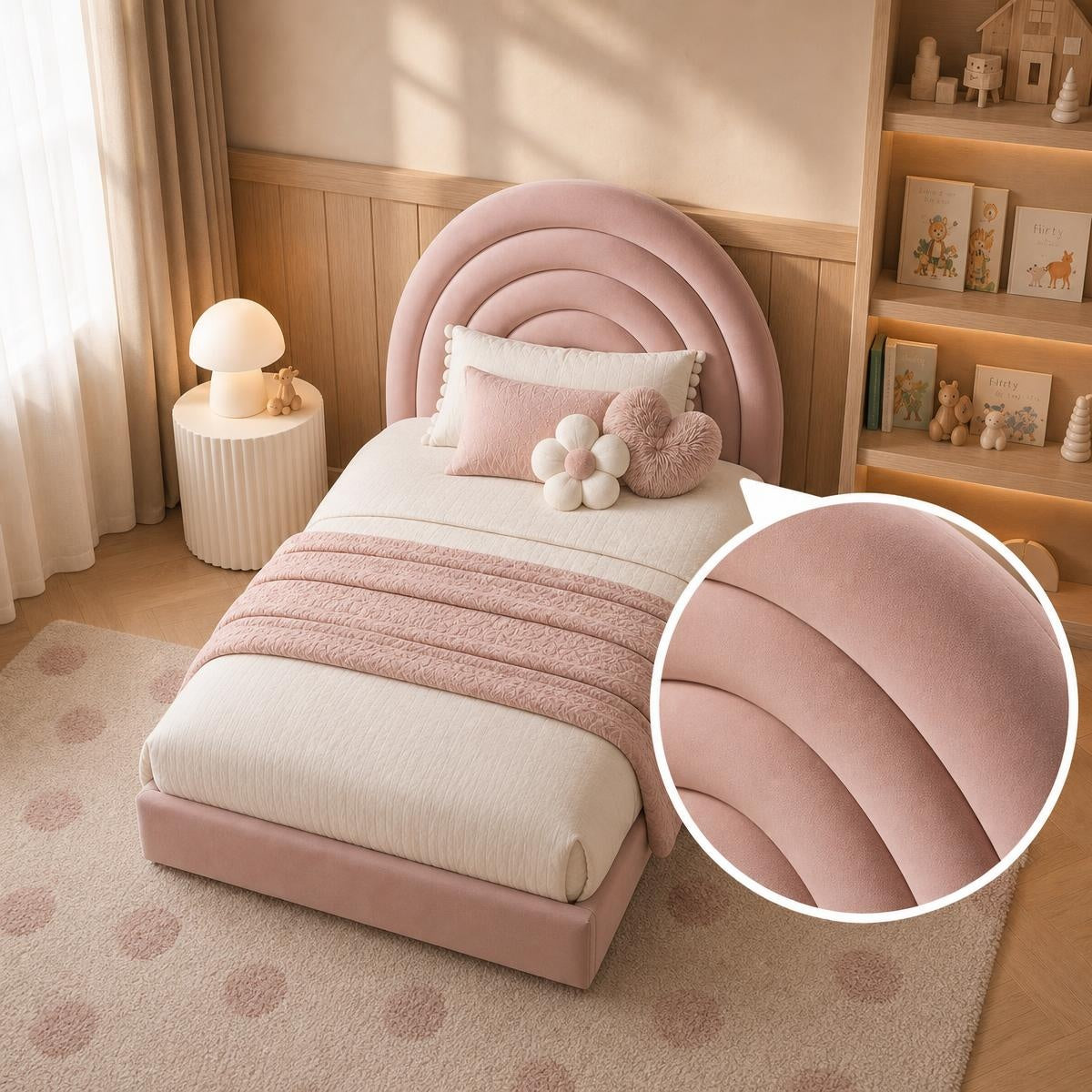 AAF Pink Velvet Rainbow Arch Headboard Kids Bed Frame