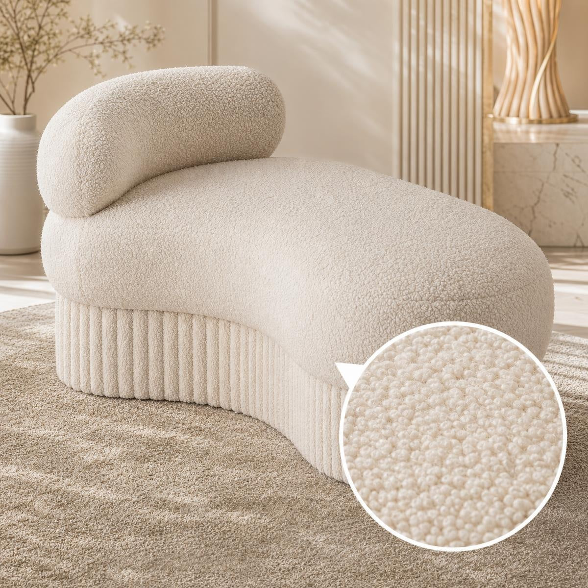 AAF Boucle Curved Chaise Bench Stool with Ribbed Base for Living Room