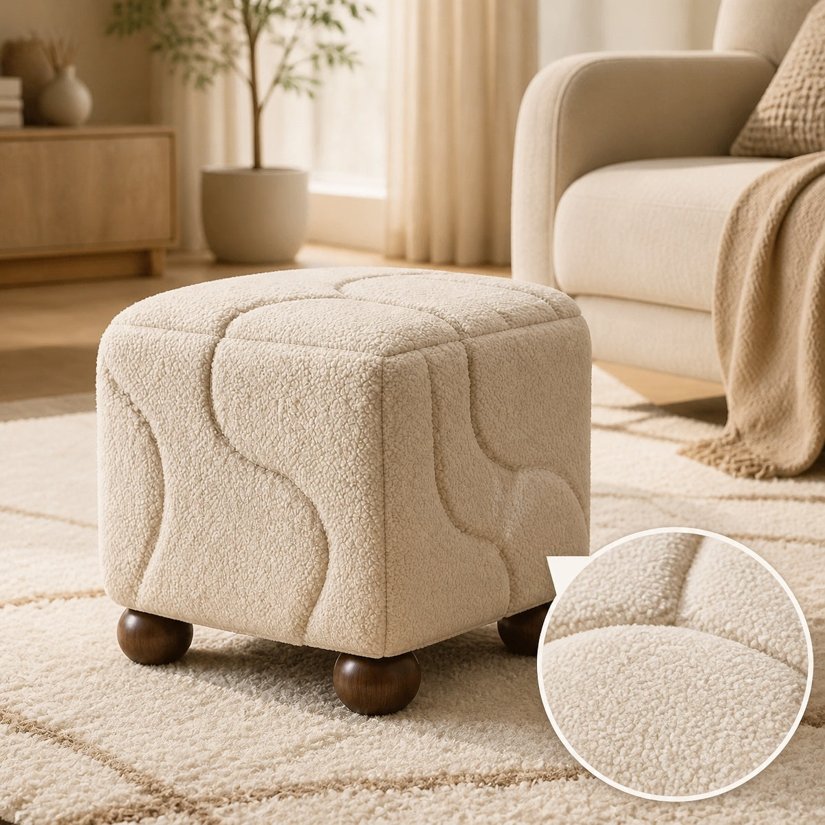 AAF Boucle Textured Cube Stool for Living Room