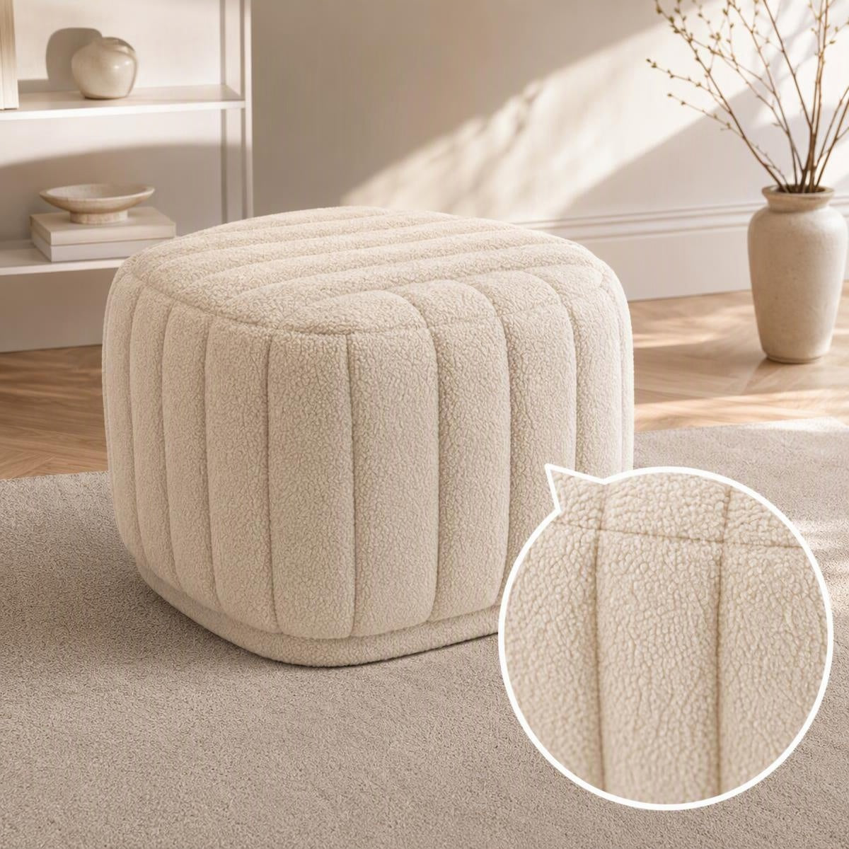 AAF Furniture Boucle Channel Tufted Square Stool for Living Room