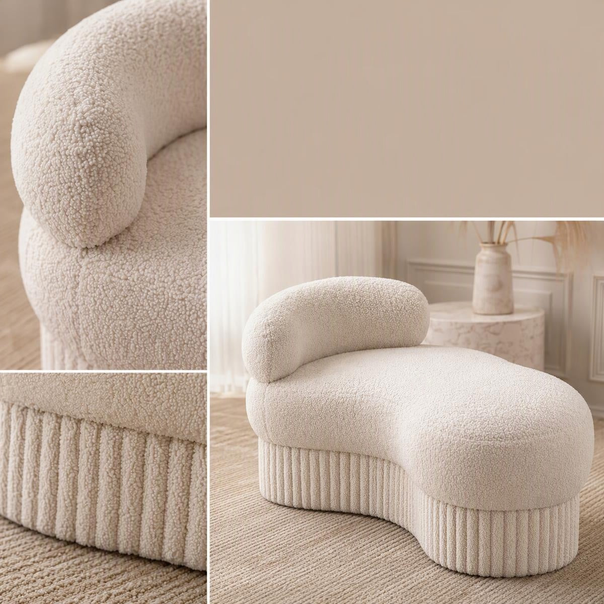 AAF Boucle Curved Chaise Bench Stool with Ribbed Base for Living Room