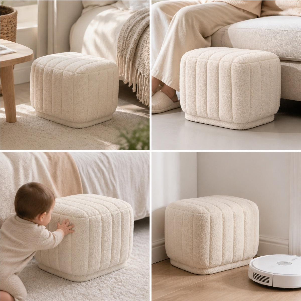 AAF Furniture Boucle Channel Tufted Square Stool for Living Room