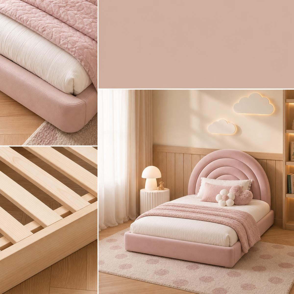 AAF Pink Velvet Rainbow Arch Headboard Kids Bed Frame