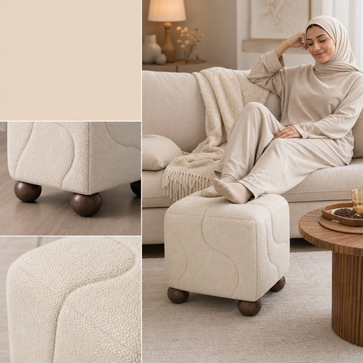 AAF Boucle Textured Cube Stool for Living Room