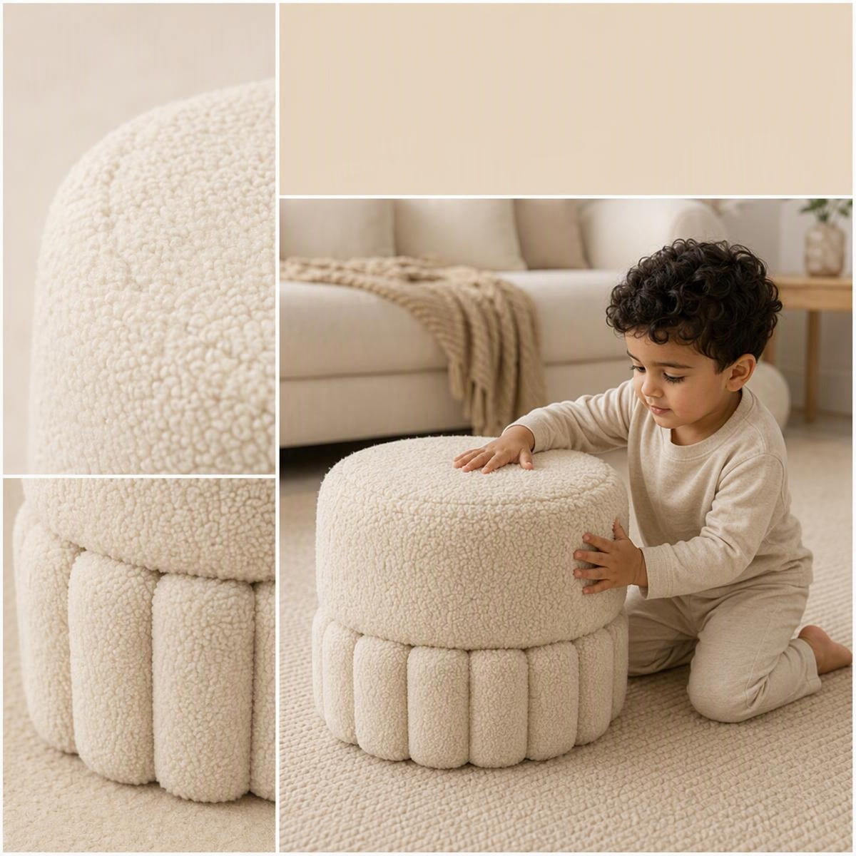 AAF Boucle Pleated Base Round Stool for Living Room