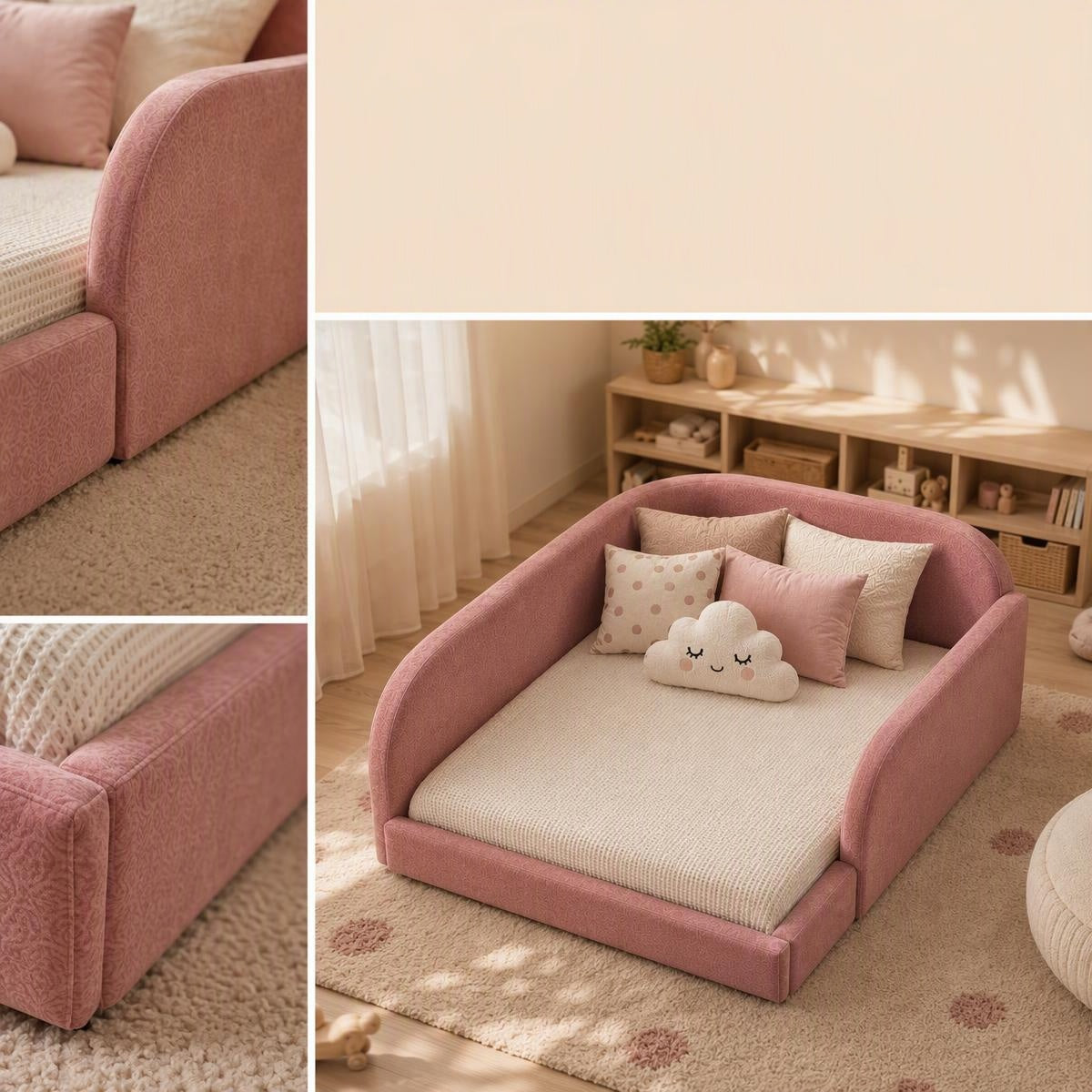 AAF Blush Teddy Fleece Enclosed Guardrail Floor Kids Bed Frame