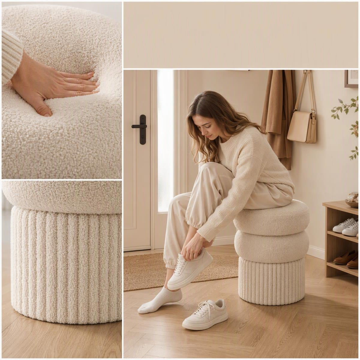 AAF Boucle Multi‑Layer Round Stool with Ribbed Base for Living Room