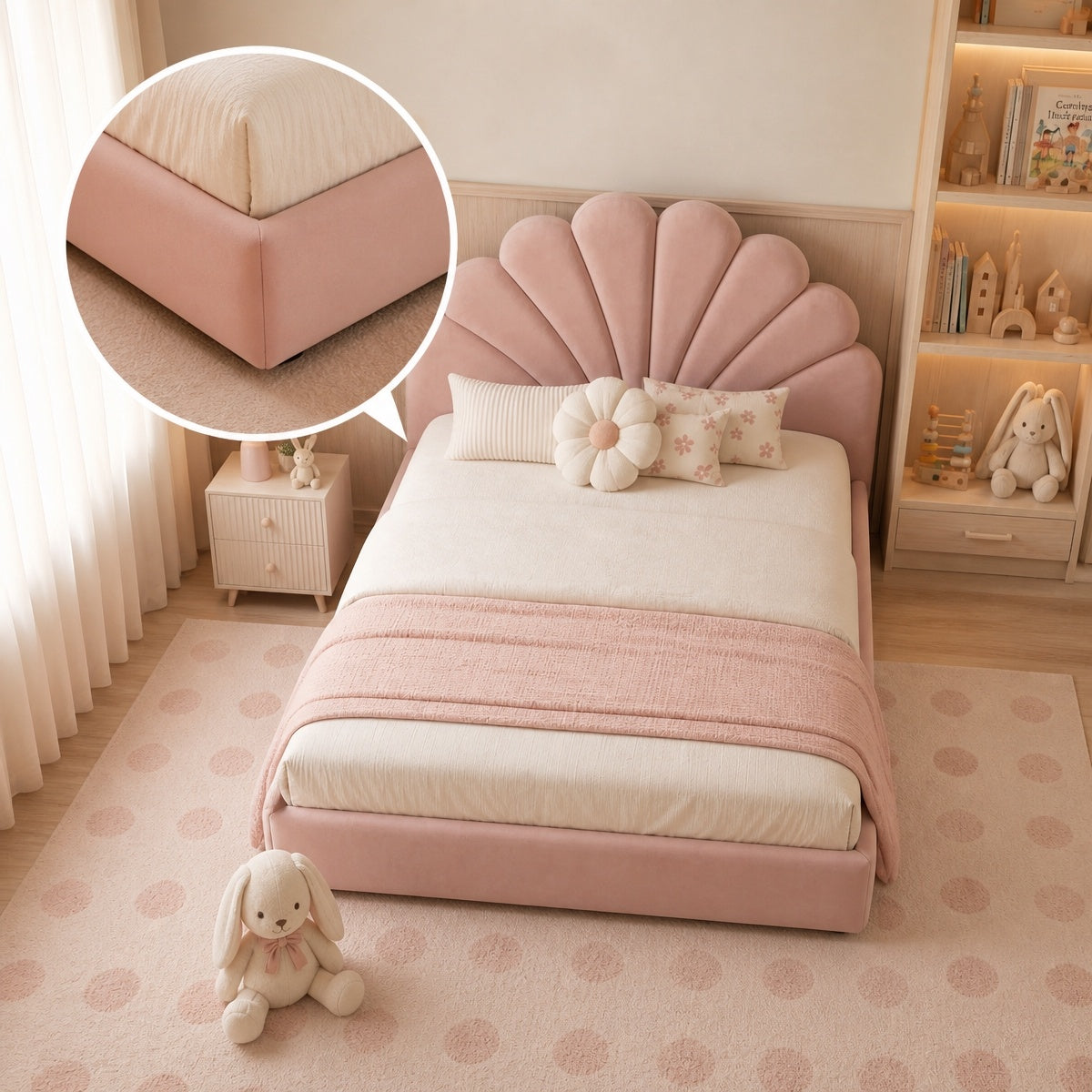 AAF Pink Velvet Shell Scallop Headboard Kids Bed Frame
