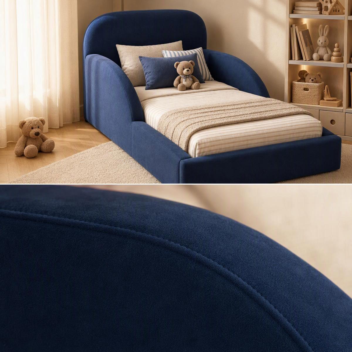 AAF Navy Blue Upholstered Sofa Kids Bed Frame with Side Rails