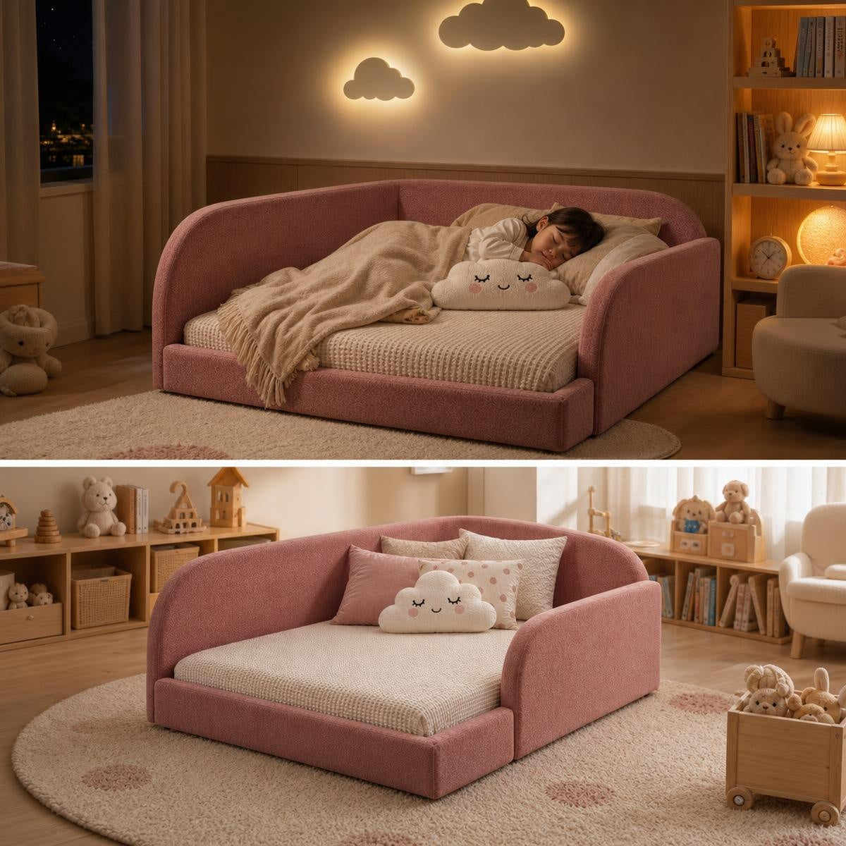 AAF Blush Teddy Fleece Enclosed Guardrail Floor Kids Bed Frame