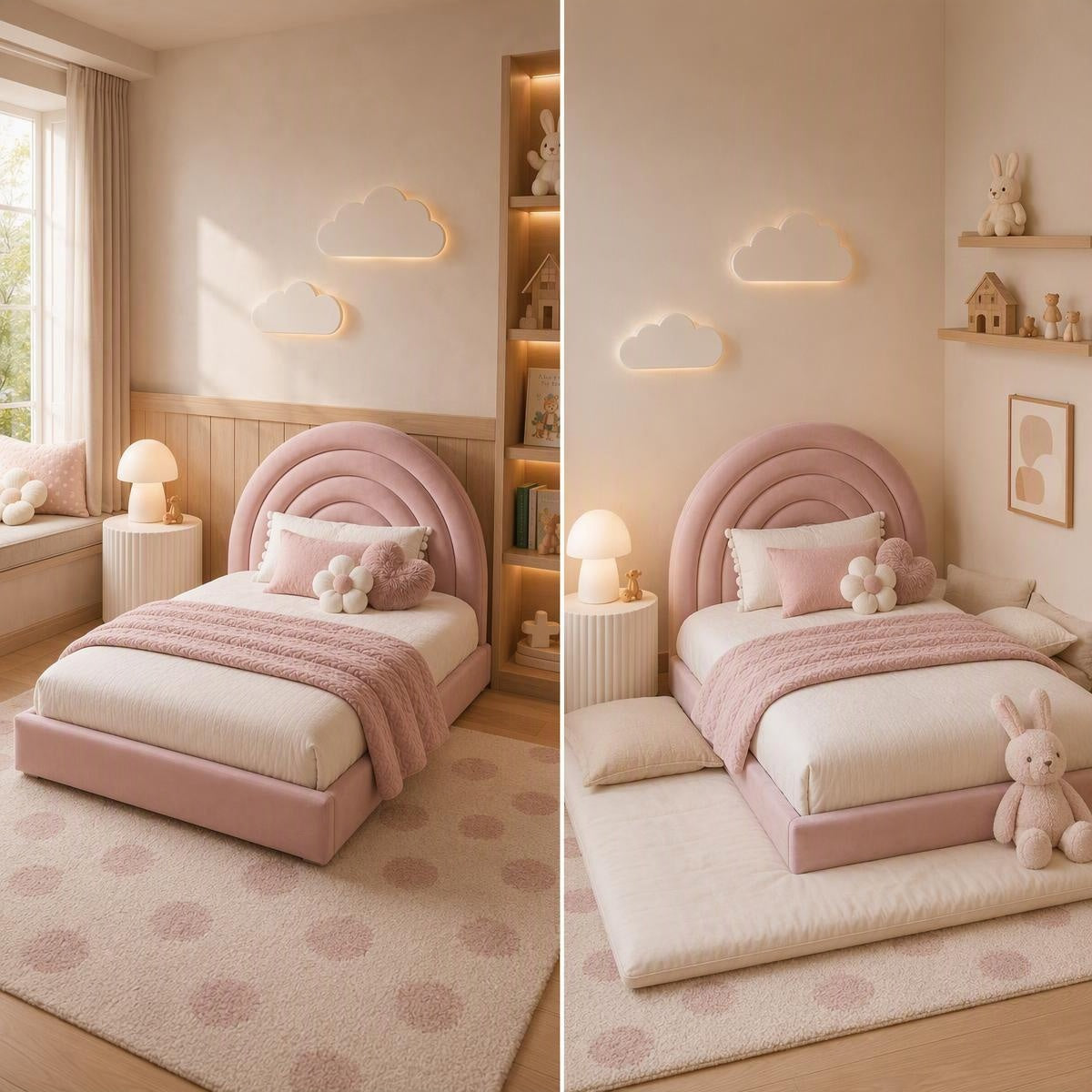 AAF Pink Velvet Rainbow Arch Headboard Kids Bed Frame