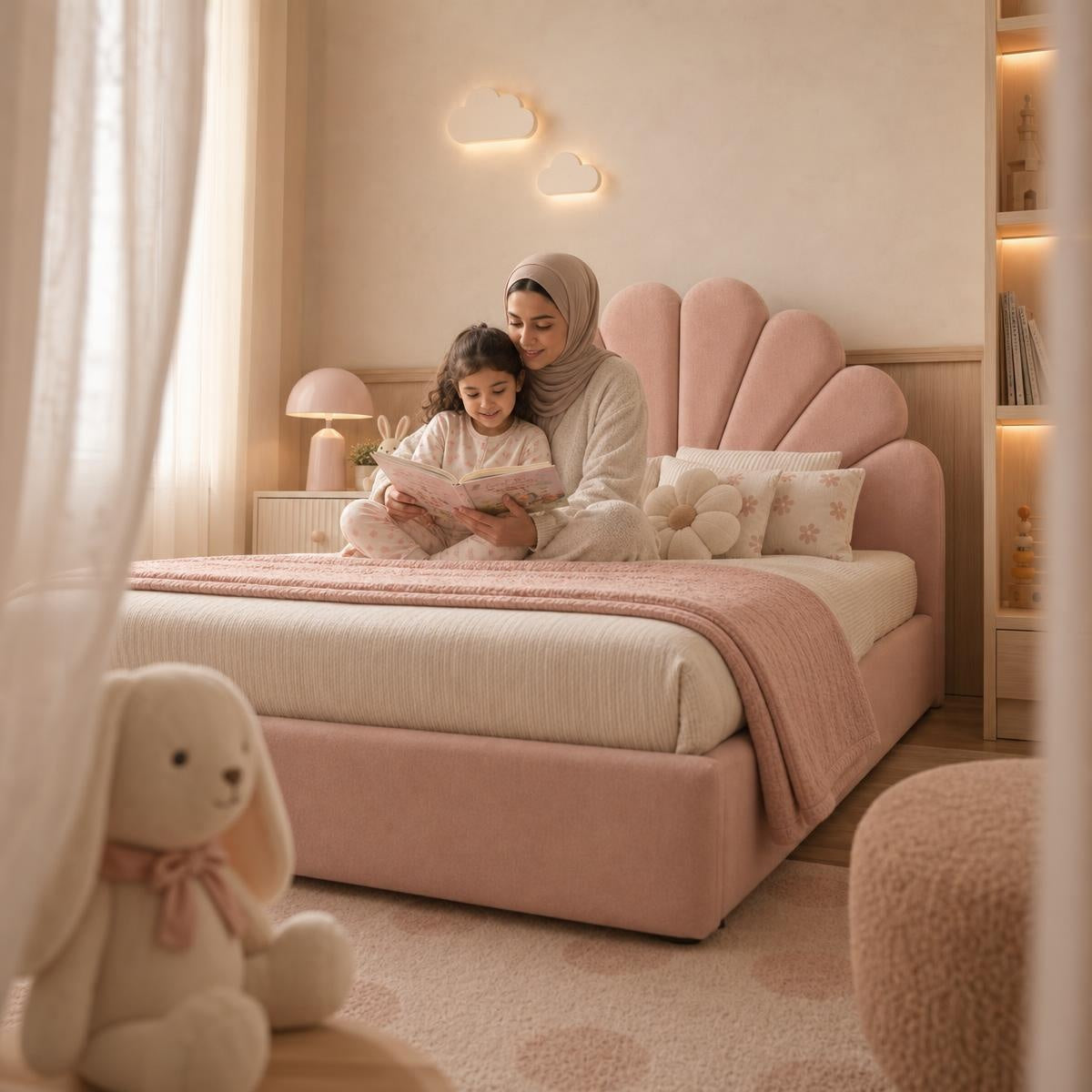 AAF Pink Velvet Shell Scallop Headboard Kids Bed Frame