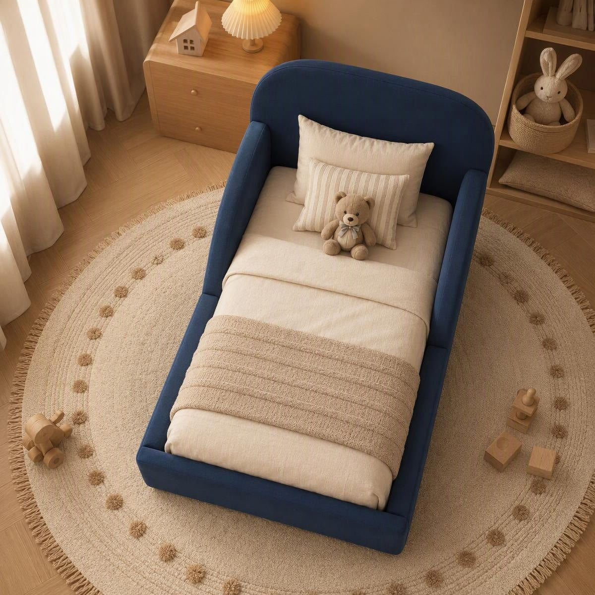 AAF Navy Blue Upholstered Sofa Kids Bed Frame with Side Rails