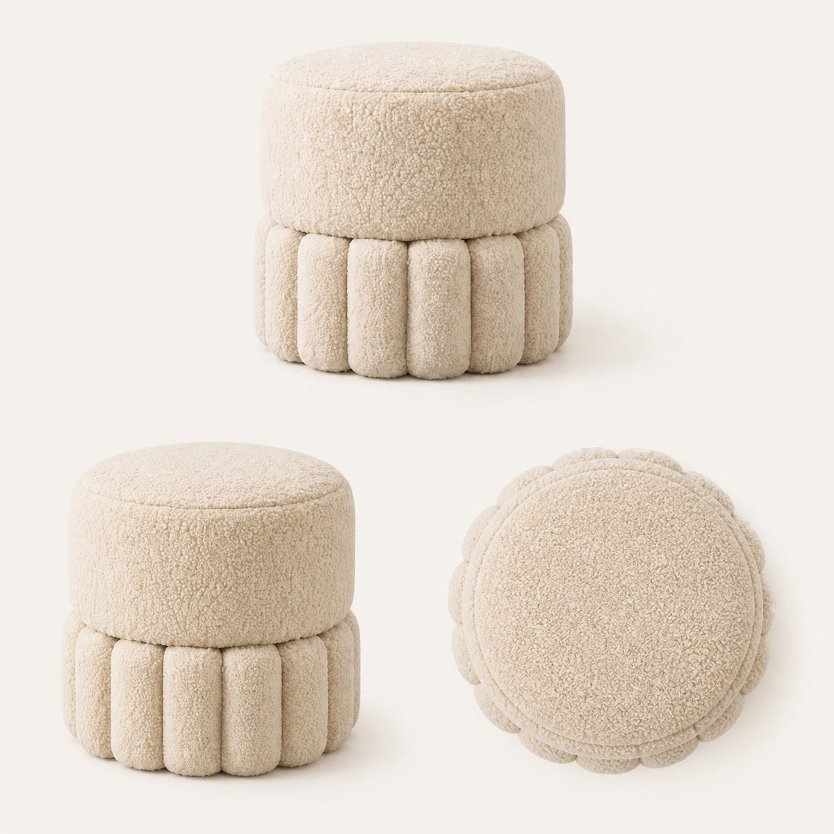 AAF Boucle Pleated Base Round Stool for Living Room