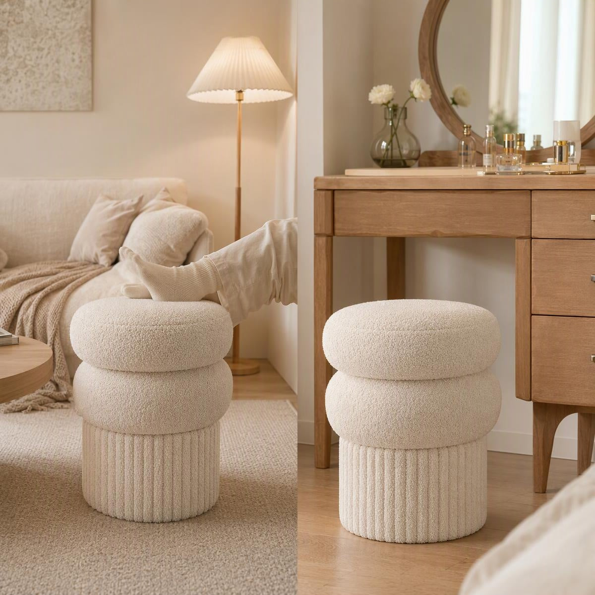 AAF Boucle Multi‑Layer Round Stool with Ribbed Base for Living Room
