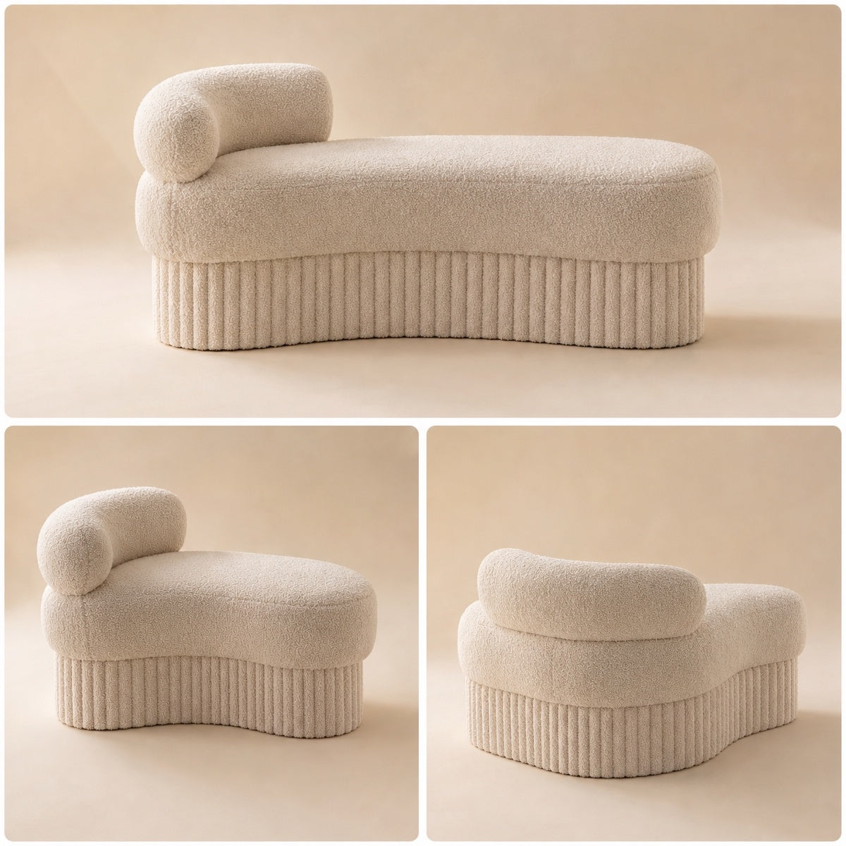 AAF Boucle Curved Chaise Bench Stool with Ribbed Base for Living Room