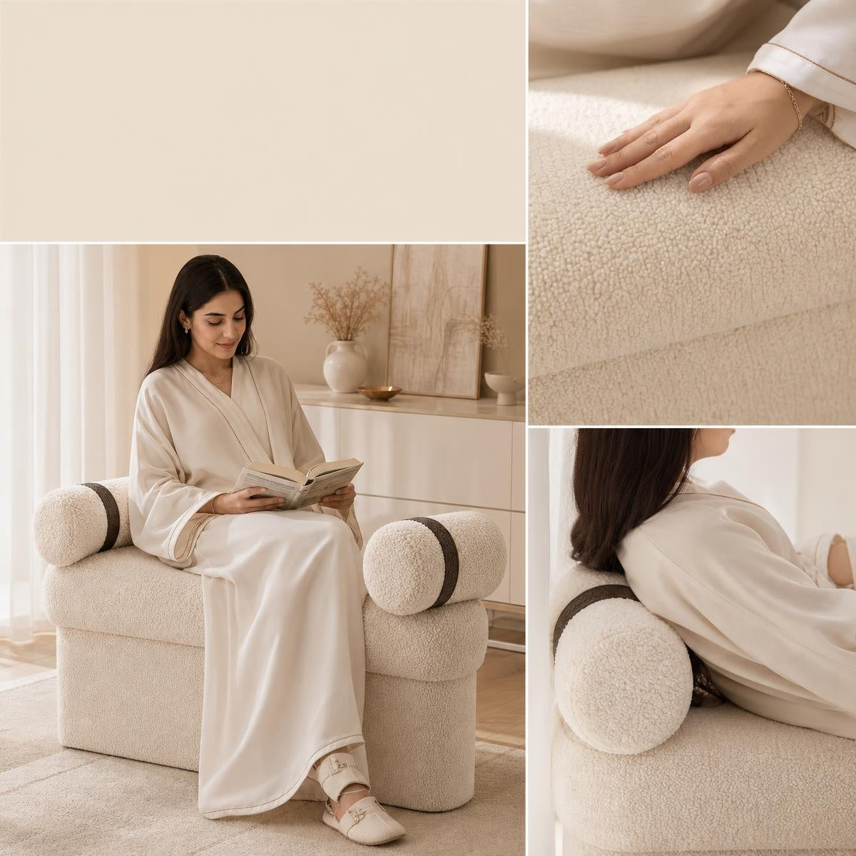 AAF Boucle Modern Bench Stool with Rolled Cushions for Living Room