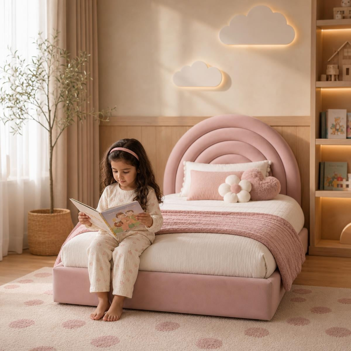 AAF Pink Velvet Rainbow Arch Headboard Kids Bed Frame