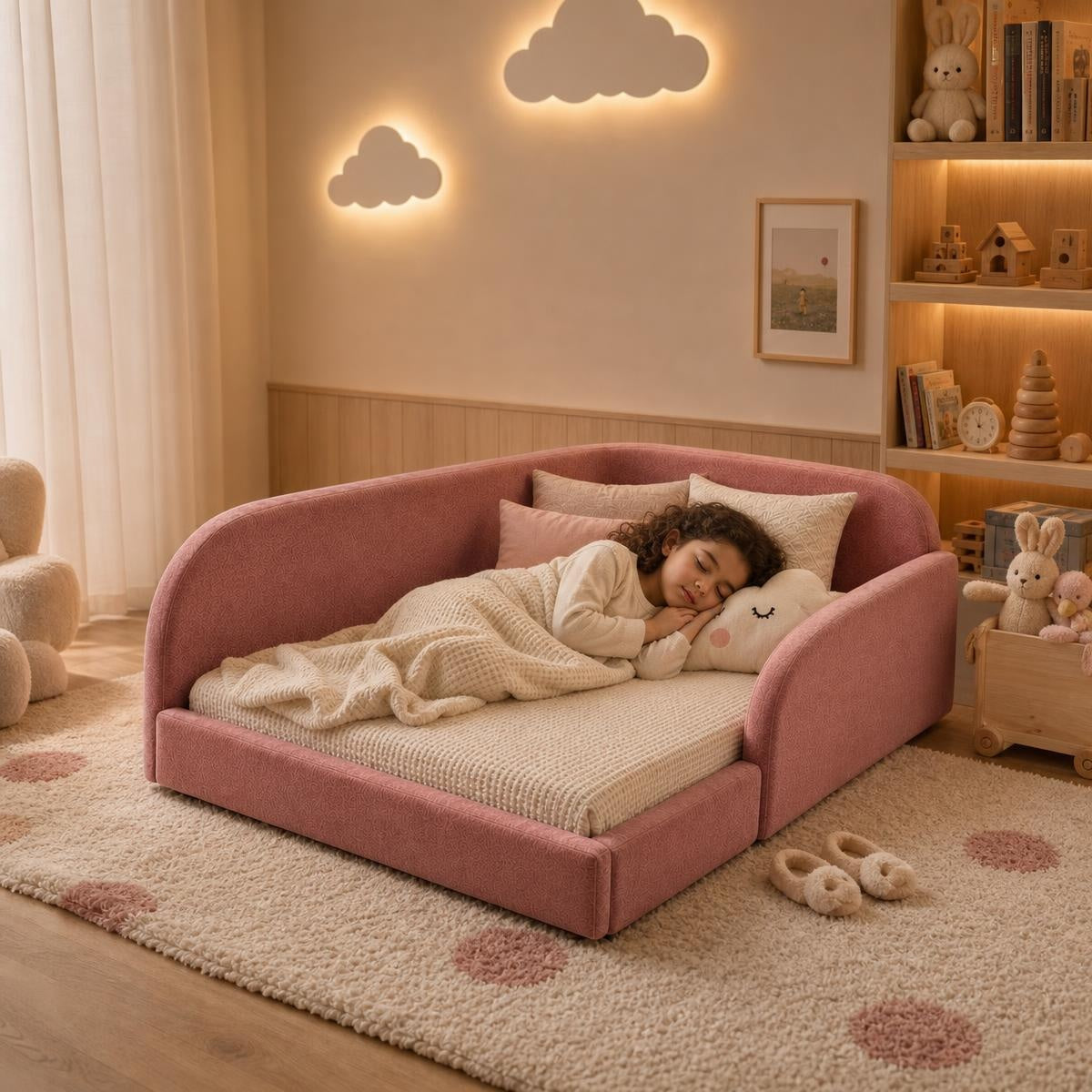 AAF Blush Teddy Fleece Enclosed Guardrail Floor Kids Bed Frame