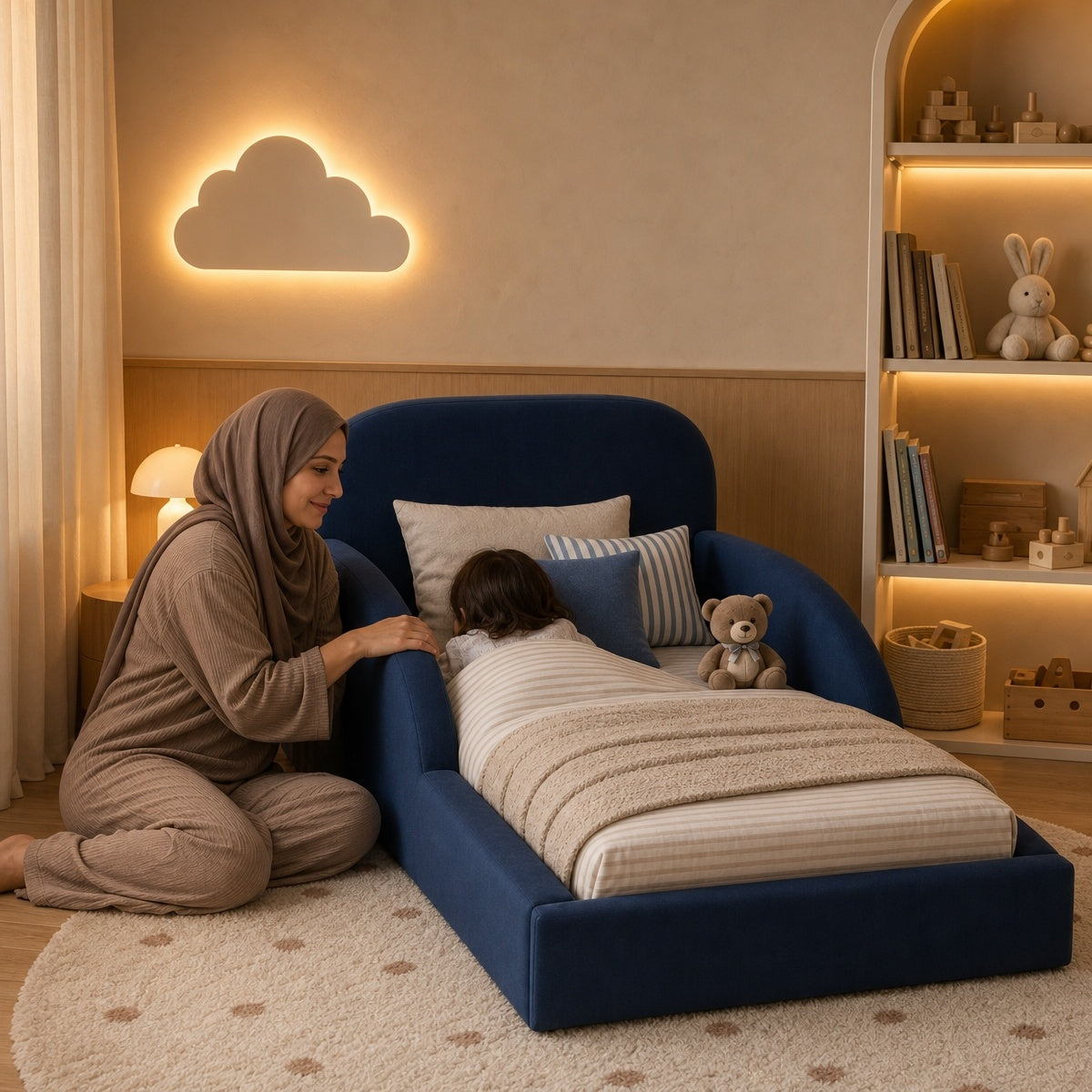 AAF Navy Blue Upholstered Sofa Kids Bed Frame with Side Rails
