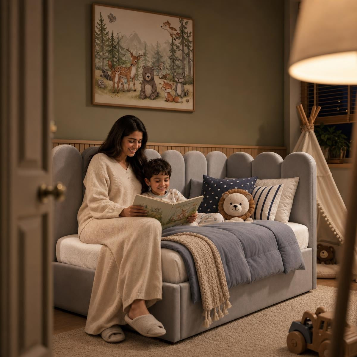 AAF Grey Teddy Fleece Scalloped Enclosure Kids Bed Frame