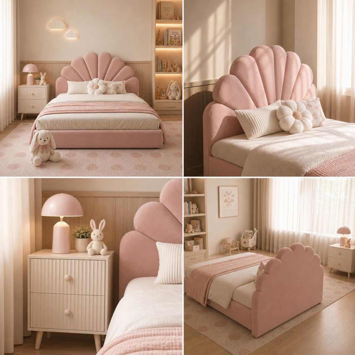 AAF Pink Velvet Shell Scallop Headboard Kids Bed Frame