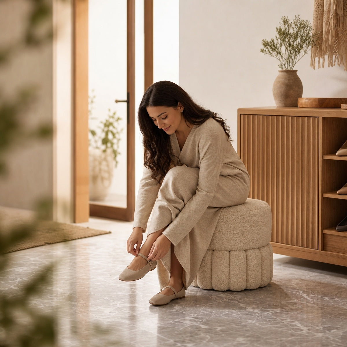AAF Boucle Pleated Base Round Stool for Living Room