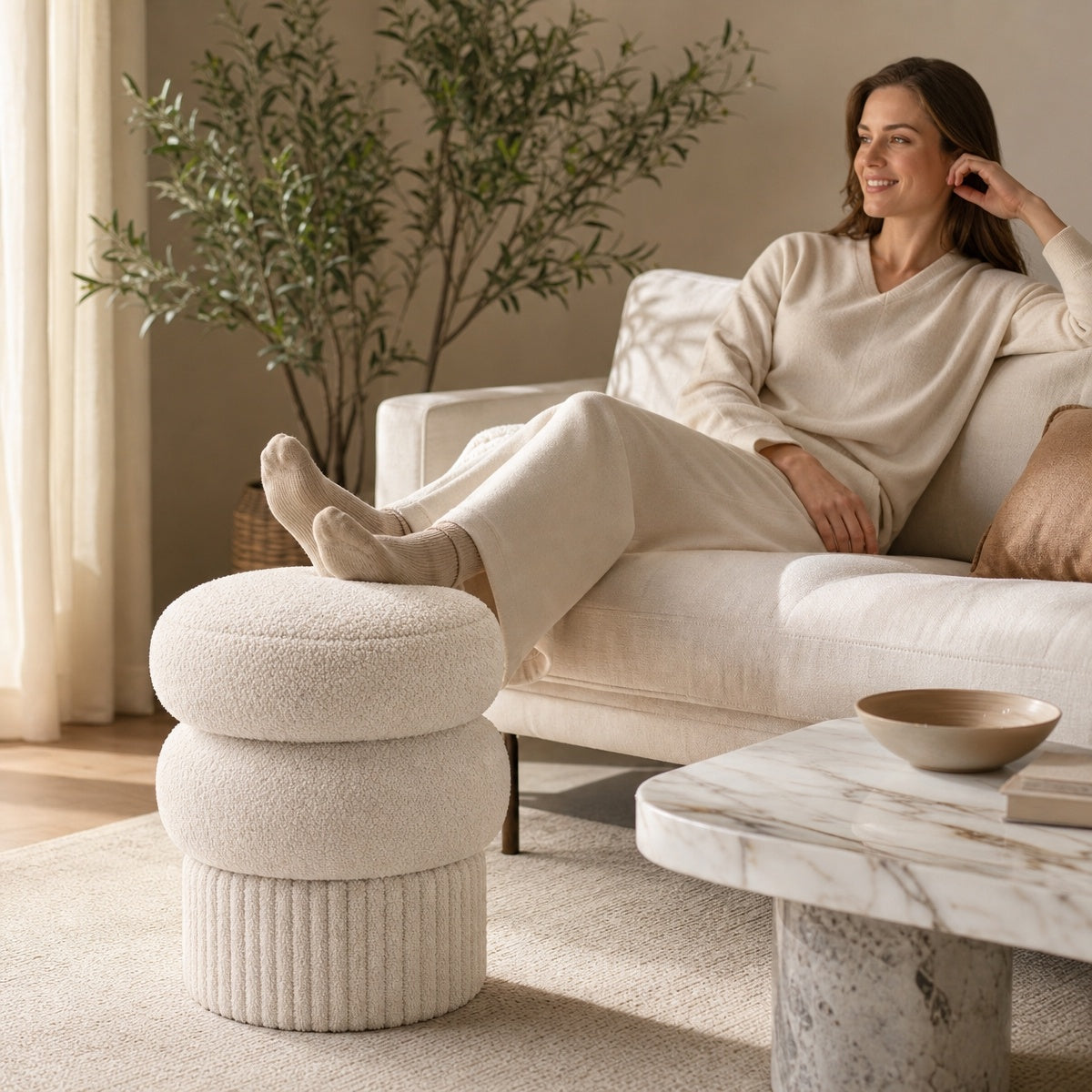 AAF Boucle Multi‑Layer Round Stool with Ribbed Base for Living Room