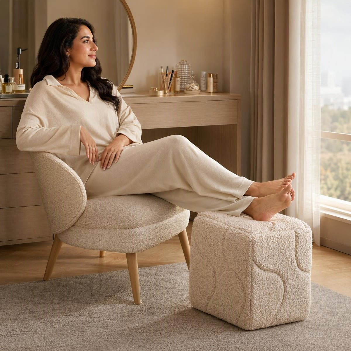 AAF Boucle Irregular Cube Decorative Stool for Living Room