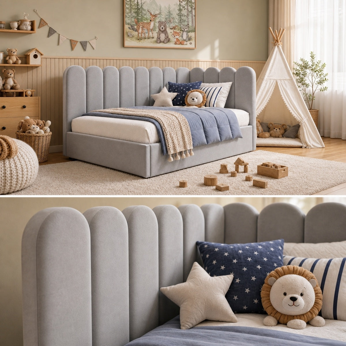 AAF Grey Teddy Fleece Scalloped Enclosure Kids Bed Frame